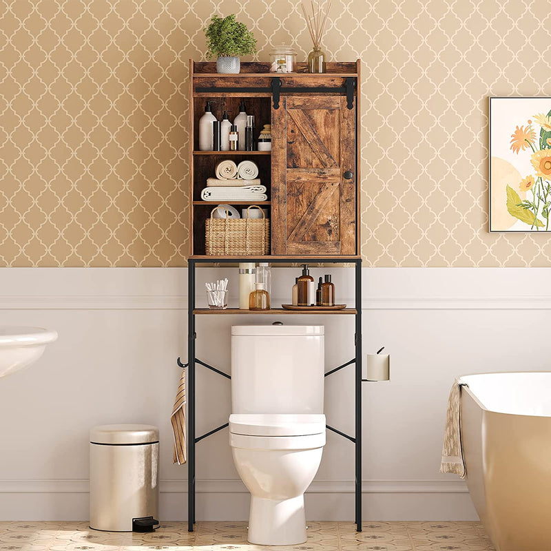 HOOBRO over the Toilet Storage Cabinet, Large Capacity, 5 Tier over Toilet Bathroom Organizer with Sliding Door, Bathroom Shelves over Toilet with Paper Hook, Easy Assembly, Rustic Brown BF48TS01
