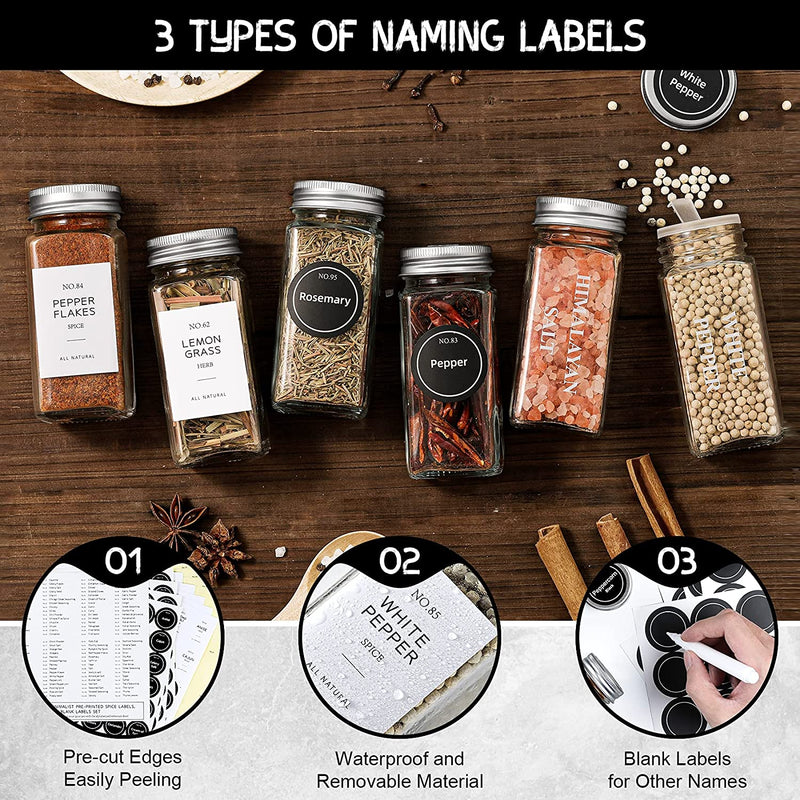 NETANY 36 Pcs Spice Jars with Labels - Glass Spice Jars with Shaker Lids, Minimalist Farmhouse Spice Labels, Collapsible Funnel, 4Oz Seasoning Storage Bottles for Spice Rack, Cabinet, Drawer