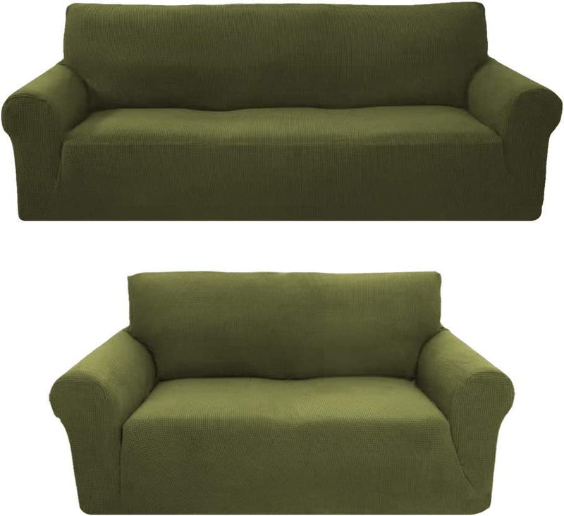 Sapphire Home 3-Piece Brushed Premium Slipcover Set for Sofa Loveseat Couch Arm Chair, Form Fit Stretch, Wrinkle Free, Furniture Protector Set for 3/2/1 Cushion, Polyester Spandex, 3Pc, Brushed, Brown Home & Garden > Decor > Chair & Sofa Cushions Sapphire Home Green 2pc set (Sofa, Love) 