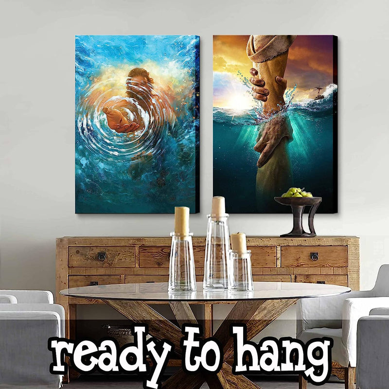 2 Pcs Framed Jesus Wall Art the Hand of God Jesus Reaching into Water Christ Religion Canvas Wall Decor Blue Ocean Bible Pictures Posters Prints Paintings for Living Room Bedroom Church Decorations Ready to Hang Home & Garden > Decor > Artwork > Posters, Prints, & Visual Artwork Donahue Art   