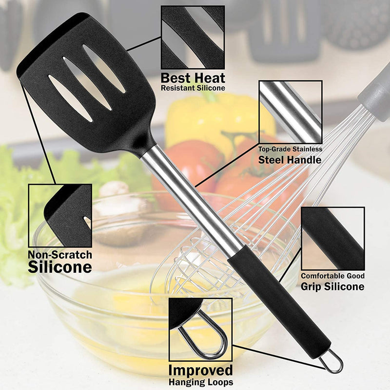 MIBOTE 15 Pcs Silicone Kitchen Utensils Set, Cooking Utensils Set with Heat Resistant Bpa-Free Silicone and Stainless Steel Handle Kitchen Tools Set (Black) Home & Garden > Kitchen & Dining > Kitchen Tools & Utensils MIBOTE   