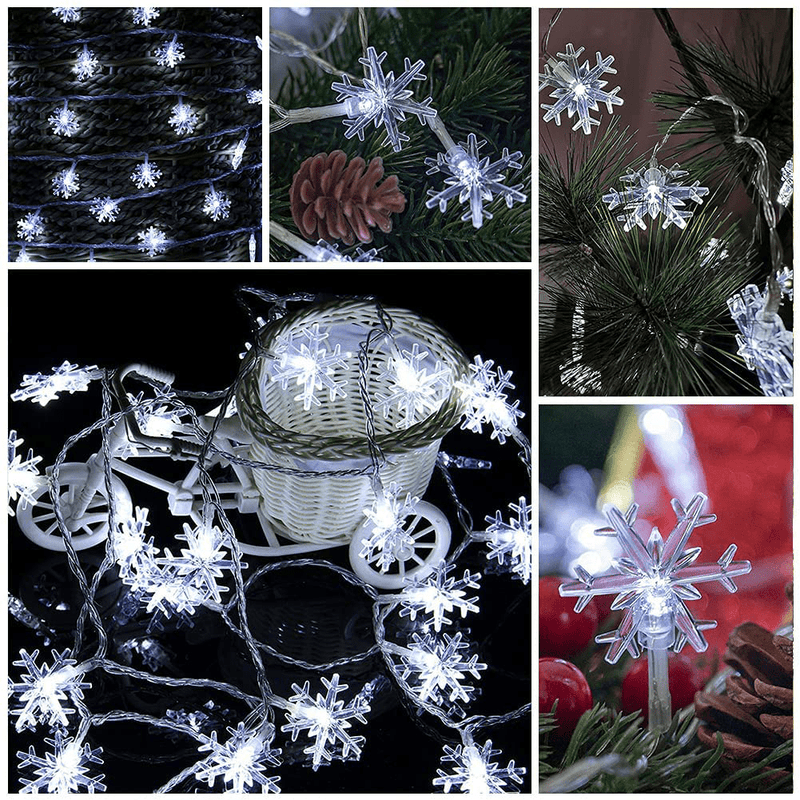 33FT 80 LED Christmas Snowflake Decorations String Lights Twinkle Fairy Lights Seasonal Indoor Outdoor Lights Battery Operated for Bedroom Garden Patio Wedding Xmas Tree Winter Decor Home & Garden > Decor > Seasonal & Holiday Decorations OVV   