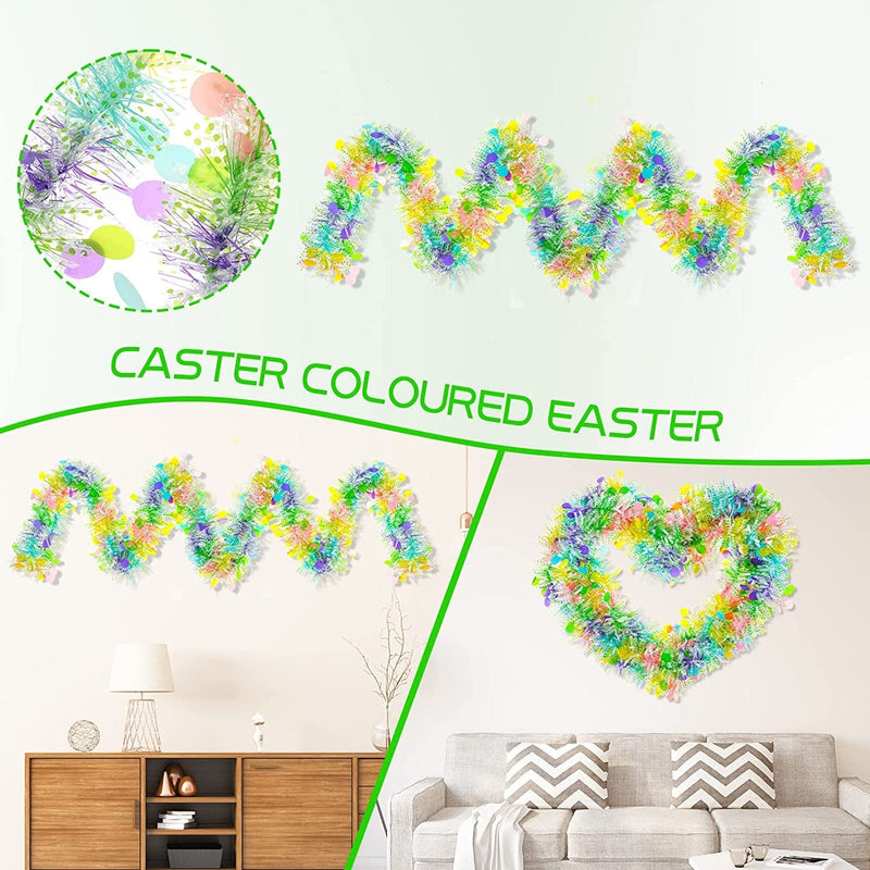 33Ft Easter Tinsel Garland with Confetti Colorful Metallic Tinsel Twist Garland Spring Hanging Garland Decoration for Easter Holiay Door Tree Mantel Party Supplies