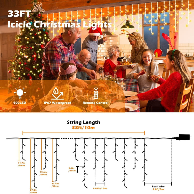 33Ft Icicle Christmas Lights Outdoor Decorations, KIKO 10M 400 LED Yard Led Christmas Curtain Lights with 80 Drops IP67 Waterproof String Lights with Remote and Timer Control for Christmas Party Decor Home & Garden > Lighting > Light Ropes & Strings Kiko   
