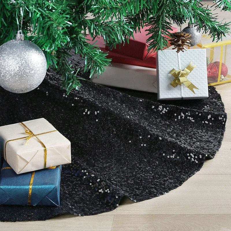 34" Sparkly Christmas Sequin Tree Skirts, Iridescent Rose/Black/Gold Sparkly Tree Mat for Indoor Outdoor Xmas Thanksgiving New Year Theme Party Decoration Pawst Home & Garden > Decor > Seasonal & Holiday Decorations > Christmas Tree Skirts Pawst Diameter 34"/86CM 1pc - Black 