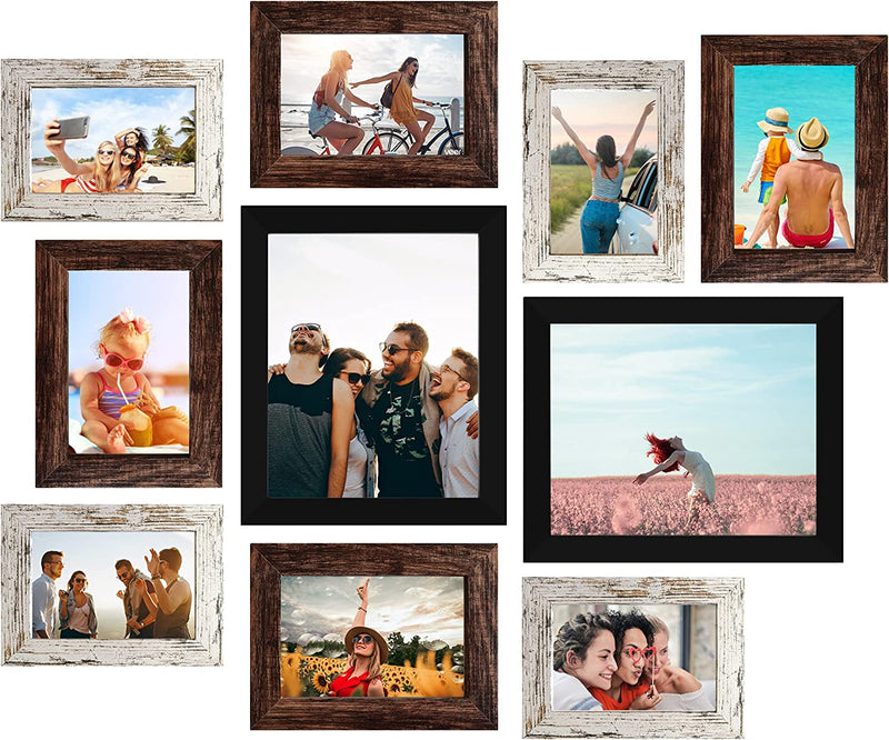 Picture Frame Set 10-Pack, Gallery Wall Frame Collage with 8X10 5X7 4X6 Frames in 3 Different Finishes Home & Garden > Decor > Picture Frames LUCKYLIFE Black&Brown&Distressed white  