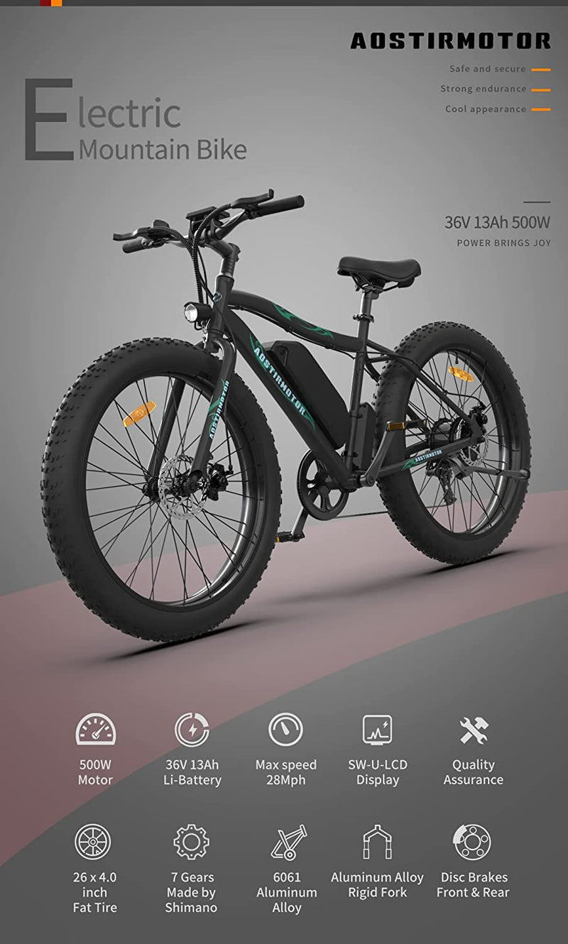 Aostirmotor Electric Bike 500W 36V 13Ah Ebike, 26X4.0 Inch Fat Tire Ebike, Electric Mountain Bike，Electric Bike for Adults Sporting Goods > Outdoor Recreation > Cycling > Bicycles aostirmotor   