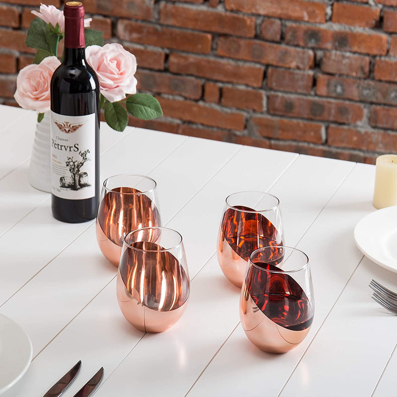 Mygift Modern Copper Accent Stemless Wine Glass Set, Red Wine Glasses Set of 4
