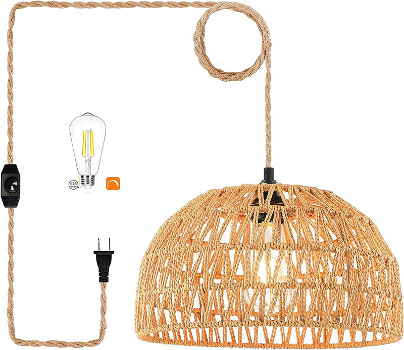 Plug in Pendant Light Rattan Hanging Lights with Plug in Cord Wicker Hanging Lamp with Woven Bamboo Basket Lamp Shade,Dimmable Switch,Boho Plug in Ceiling Light Fixtures for Kitchen,Farmhouse,Bedroom Home & Garden > Lighting > Lighting Fixtures QIYIZM Brown 1pack  