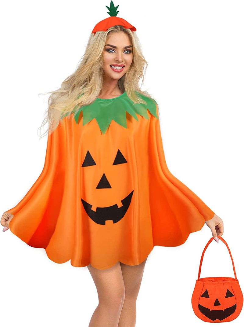 Geyoga Adult Halloween Pumpkin Costume Set Pumpkin Cloak Poncho with Candy Bag Hat Pumpkin Handbag Funny Headband  Geyoga   