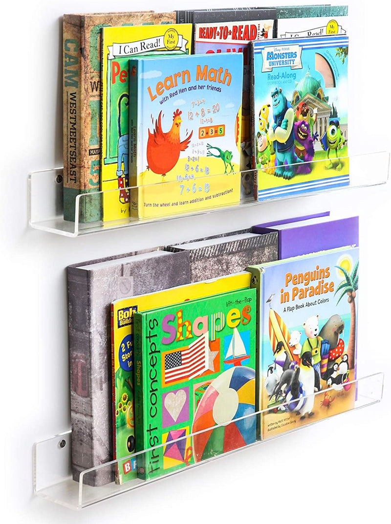 NIUBEE 24" Premium Acrylic Floating Nursery Kids Bookshelf Wall Ledge Shelf, Clear Invisible Spice Rack Bathroom Storage Shelves Display Organizer, 50% Thicker with Free Screwdriver, Set of 4