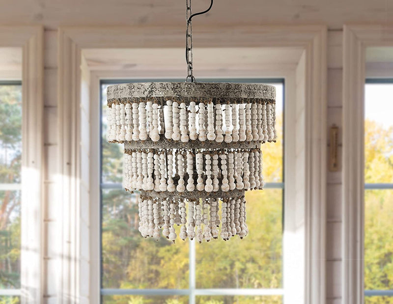 Creative Co-Op Metal & Wood Beaded Chandelier, 20.5" round by 20" Height, Off- White Home & Garden > Lighting > Lighting Fixtures > Chandeliers Creative Co-op   