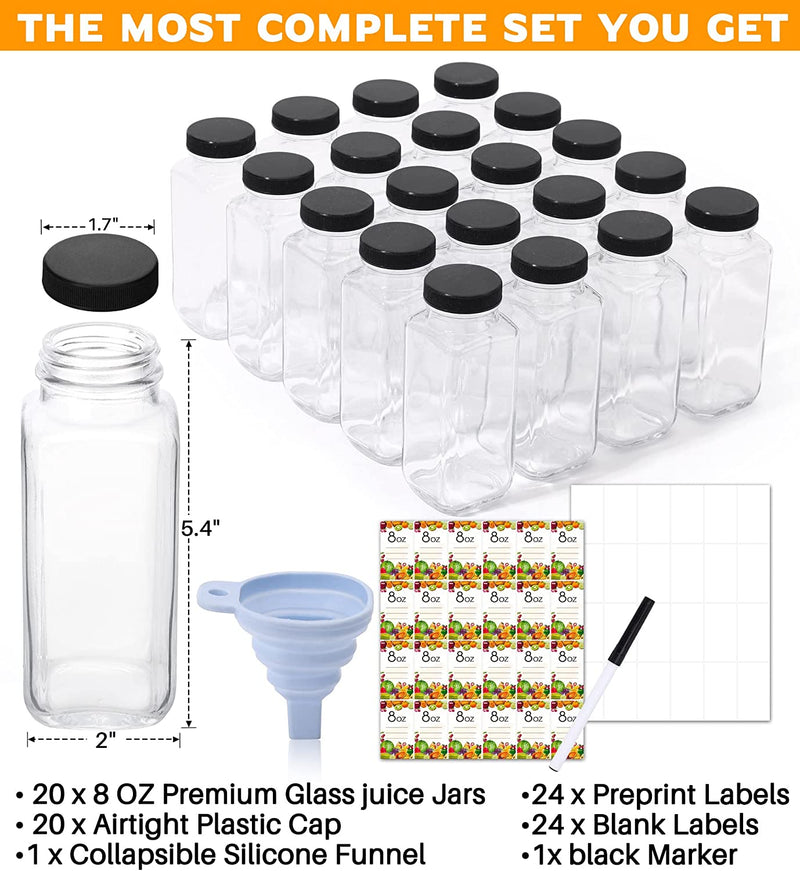MIUKAA (20 Pack) 8 Oz Glass Juicing Bottles with Reusable Lids, Drinking Jars with Airtight Black Caps, Clear Glass Travel Drink Containers - Not Losing Flavor Home & Garden > Decor > Decorative Jars MIUKAA   