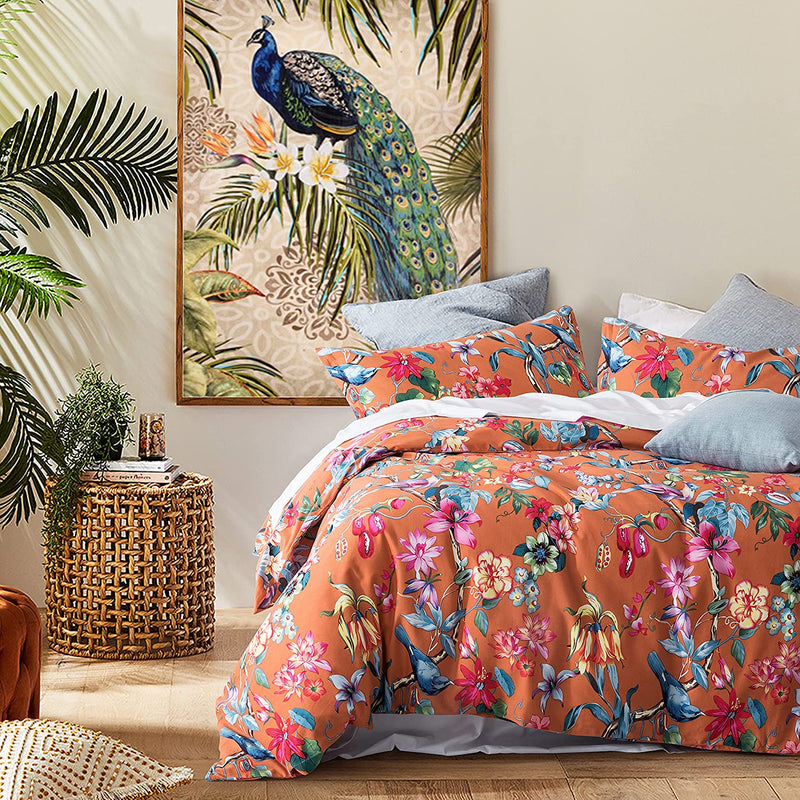 Eikei Botanical Garden Duvet Cover Washed Brushed 100-Percent Cotton Bedding Set Asian Chinoiserie Print Colorful Tropical Tree Branches and Birds Floral Pattern (Queen, Blue Dusk) Home & Garden > Linens & Bedding > Bedding Eikei Orange King 