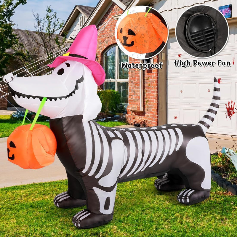 GOOSH 5Ft Halloween Inflatables Outdoor Decorations Skeleton Puppy Inflatable Yard Decoration with Build-In Leds Blow up Pumpkin for Halloween Party Indoor Outdoor Yard Garden