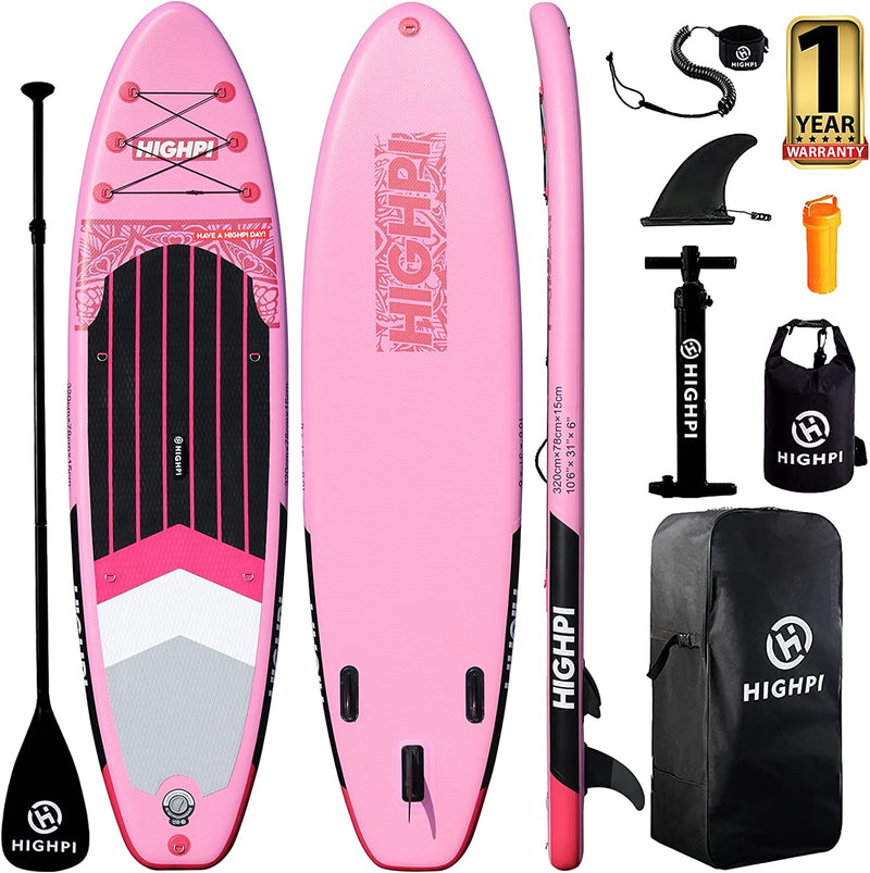 Highpi Inflatable Stand up Paddle Board 10'6''/11' Premium SUP W Accessories & Backpack, Wide Stance, Surf Control, Non-Slip Deck, Leash, Paddle and Pump, Standing Boat for Youth & Adult Sporting Goods > Outdoor Recreation > Winter Sports & Activities Highpi Pink Hearts  