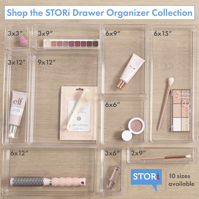 Stori Simplesort 6-Piece Stackable Clear Drawer Organizer Set | 6" X 6" X 2" Square Trays | Small Makeup Vanity Storage Bins and Office Desk Drawer Dividers | Made in USA