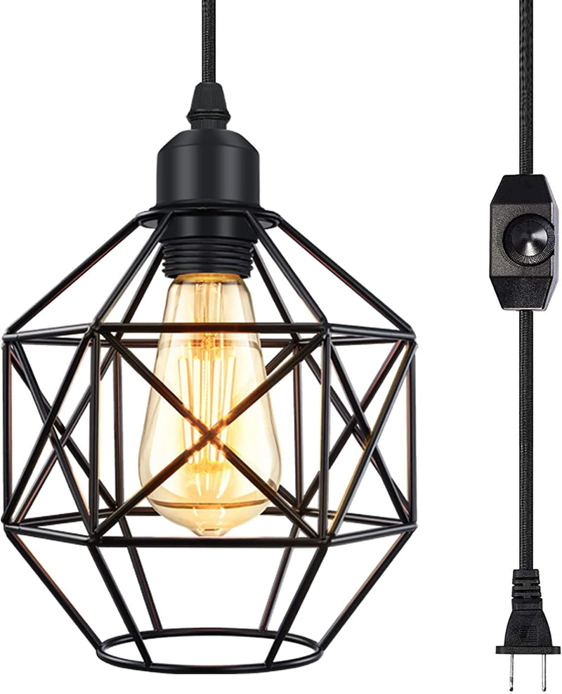 Industrial Plug in Pendant Light, Hanging Lamp with Plug in Cord, Vintage Metal Cage Pendant Lighting Fixture with 12Ft Cord and On/Off Switch for Kitchen Bedroom 2 Pack Home & Garden > Lighting > Lighting Fixtures Lomoky 1 Pack  