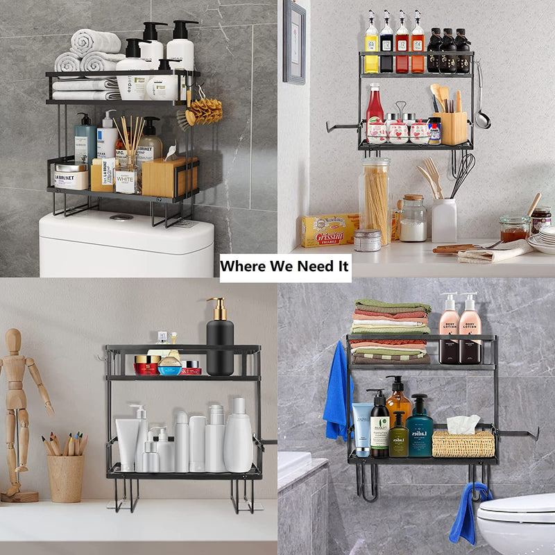 Over the Toilet Storage, 2-Tier No Drilling Bathroom Organizer Shelf on Top of Toilet, Multifunctional Bathroom Shelf over Toilet, Space Saver Toilet Rack with 2 Small Hook and 1 Paper Holder (Black) Home & Garden > Household Supplies > Storage & Organization Woputne   