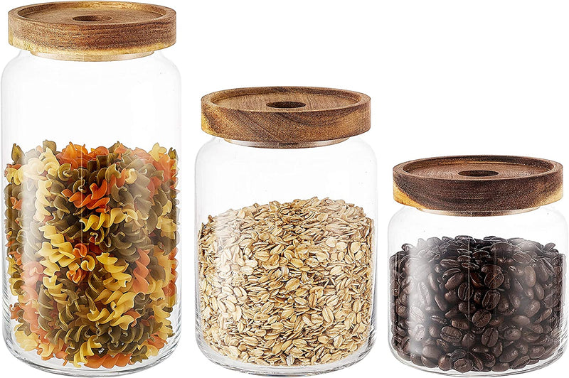 Kmwares Set of 4 18Oz X 4 Clear Glass Food Jars/Canisters with Airtight Seal Acacia Wood Lids for Kitchen/Bathroom/Pantry Storage, Candy, Snack, Leaf Tea, Coffee Bean, Dry Food(Small) Home & Garden > Decor > Decorative Jars Kenmore Housewares LLC Tall-Medium-Small  