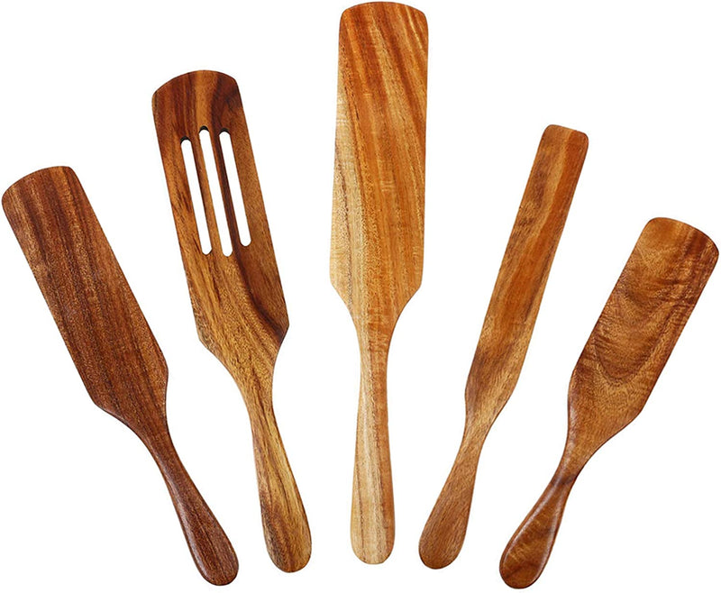 ORYOUGO Set of 5 Wooden Cooking Utensils with Long Handle Natural Acacia Wood Spurtles Spatula Square Head Scraper Kitchen Tool Non-Stick Cookware