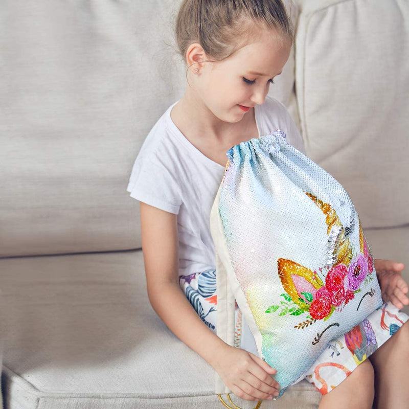 MHJY Unicorn Drawstring Backpack, Reversible Sequin Gym Bag Dance Sports Bag for Kids Girl