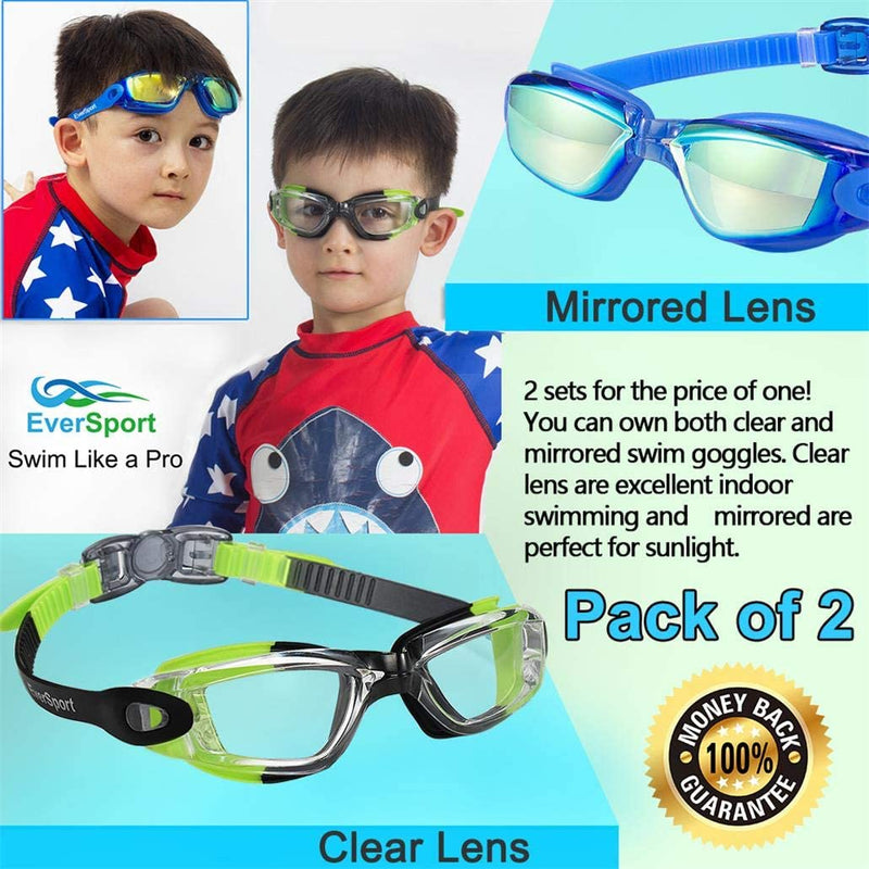 Kids Swim Goggles, Pack of 2 Swimming Goggles for Children Teens, Anti-Fog Anti-Uv Youth Swim Glasses Leak Proof for Age4-16 Sporting Goods > Outdoor Recreation > Boating & Water Sports > Swimming > Swim Goggles & Masks EverSport   