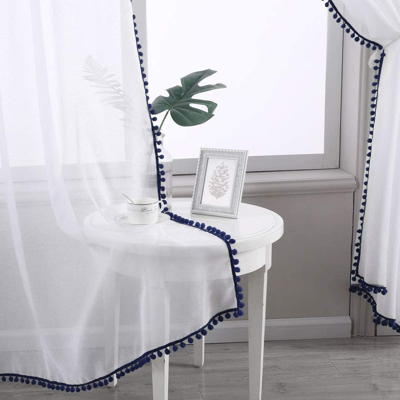 SPXTEX White Sheer Curtains 96 Inches Long Navy Pom Poms Curtains for Bedroom Light Filtering Long Semi Sheer Curtains for Living Room Farmhouse Window Treatment Curtains 2 Panels 38 X 96 Length Home & Garden > Decor > Window Treatments > Curtains & Drapes SPXTEX   