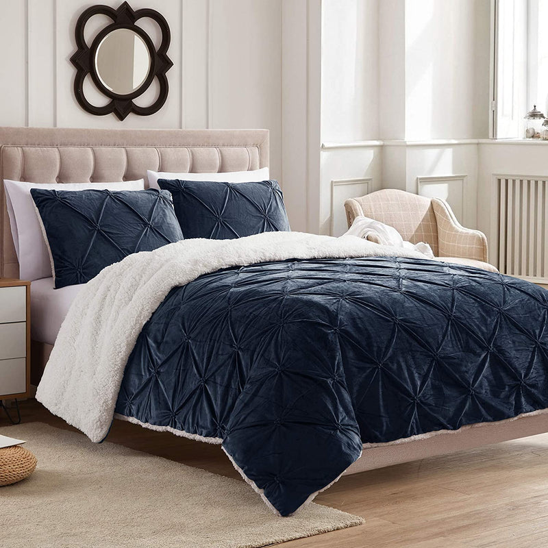Comforter Set 3 Piece Sherpa Pintuck Pinch Pleat Soft Luxurious Plush All Season Warm with 2 Shams Home & Garden > Linens & Bedding > Bedding > Quilts & Comforters Sweet Home Collection Navy Full/Queen 