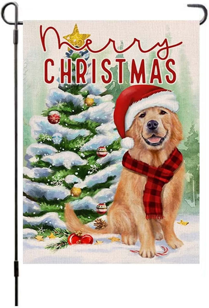 Christmas Dog Garden Flag Burlap Double Sided Vertical 12×18 Inch Merry Christmas Trees Yard Decorations Holiday Banners Outdoor Farmhouse Decor