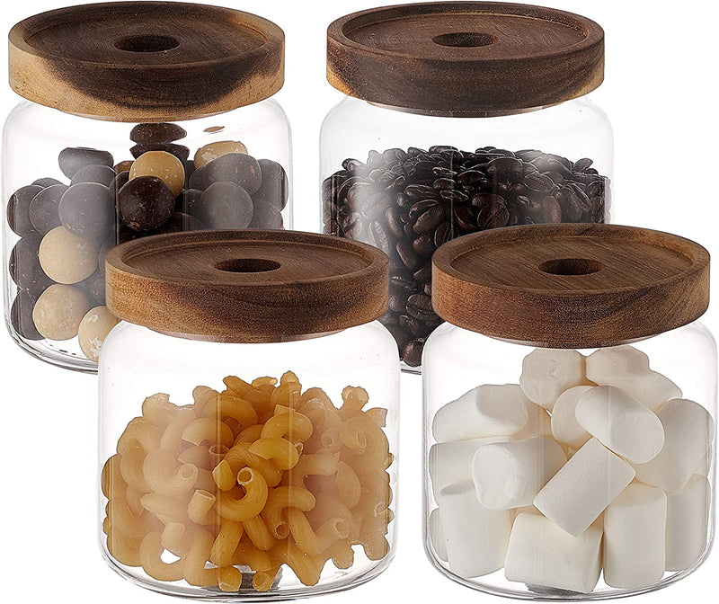 Kmwares Set of 4 18Oz X 4 Clear Glass Food Jars/Canisters with Airtight Seal Acacia Wood Lids for Kitchen/Bathroom/Pantry Storage, Candy, Snack, Leaf Tea, Coffee Bean, Dry Food(Small) Home & Garden > Decor > Decorative Jars Kenmore Housewares LLC SmallX4  