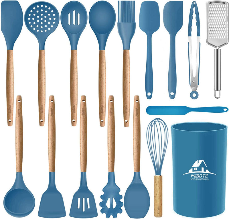 MIBOTE 17 Pcs Silicone Cooking Kitchen Utensils Set with Holder, Wooden Handles Cooking Tool BPA Free Turner Tongs Spatula Spoon Kitchen Gadgets Set for Nonstick Cookware (Teal)