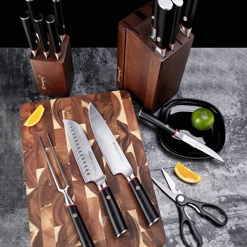Knife Set, Kitchen Knife Set with Craving Fork and Detachable Wooden Block, 16-Piece German Stainless Steel Kitchen Knives Sharpener and Scissors Block Set, Emojoy