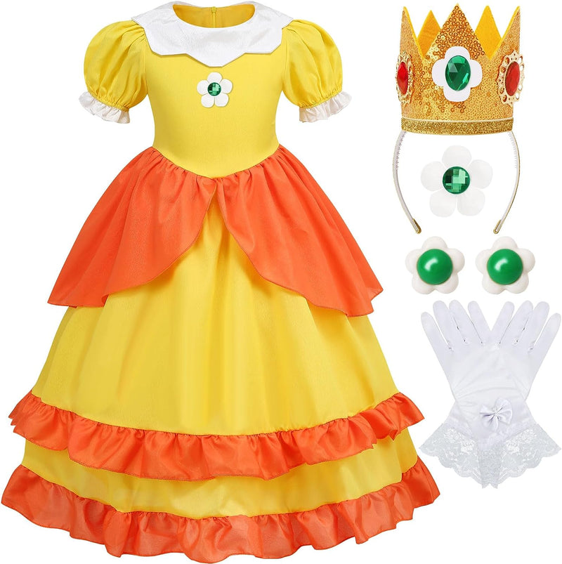 ICECUTE Princess Peach Dresses for Girls，Princess Peach Daisy Costume Kids Halloween Costumes Dress up with Accessories  ICECUTE Yellow 4-5Years 