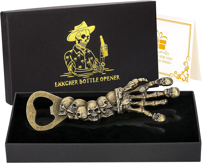 LKKCHER Skull Gifts, Skeleton Hand Beer Bottle Opener, Gothic Gifts Birthday Halloween Gifts for Men Dad Boyfriend Husband Beer Opener Collector with Gift Box and Card
