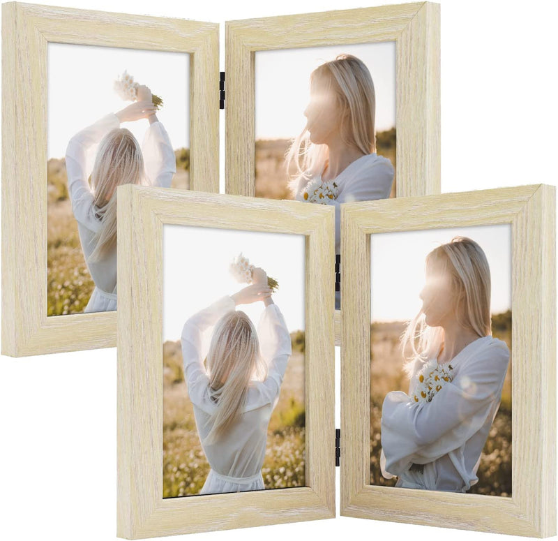 Frametory, 5X7 Hinged Picture Frame Displays 2 Photos, Double Frames with Glass, Side by Side Stands Vertically on Tabletop (Black) Home & Garden > Decor > Picture Frames Frametory Beige 5x7 (2-Pack) 