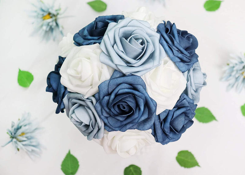 J-Rijzen Artificial Flowers 25PCS Real Looking White & Dusty Blue Shades Fake Roses with Stem for DIY Wedding Bouquets Centerpieces Baby Shower Party Home Decorations Home & Garden > Decor > Seasonal & Holiday Decorations J-Rijzen   