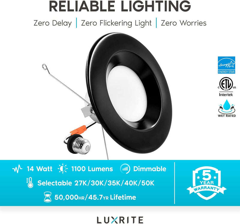 Luxrite 5/6 Inch LED Recessed Retrofit Downlight, 14W=90W, CCT Color Selectable 2700K | 3000K | 3500K | 4000K | 5000K, Dimmable Can Light, 1100 Lumens, Wet Rated, Energy Star, Black Trim (4 Pack) Home & Garden > Lighting > Flood & Spot Lights LUXRITE   