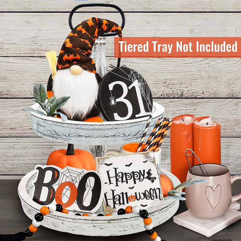 Halloween Decor - Halloween Decorations - BOO Happy Halloween Wooden Signs - Cute Gnomes Plush and Bead Garland - Farmhouse Rustic Tiered Tray Decor Items for Home Table House Room  ORIENTAL CHERRY   