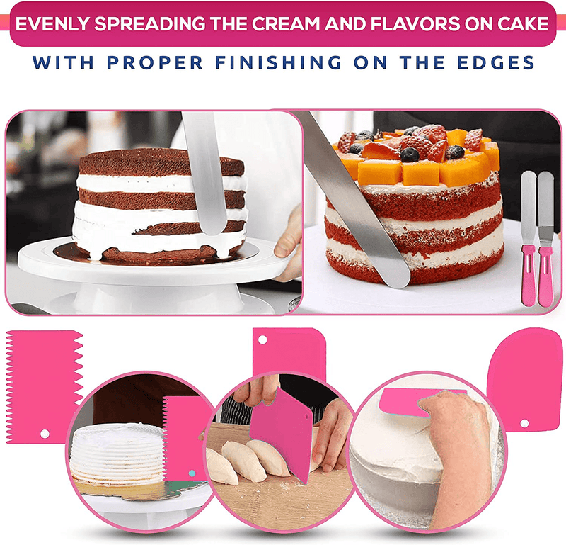 35PCs Cake Turntable and Leveler-Rotating Cake Stand with Non slip pad-7 Icing Tips and 20 Bags- Straight & Offset Spatula-3 Scraper Set -EBook-Cake Decorating Supplies Kit -Baking Tools & Accessories