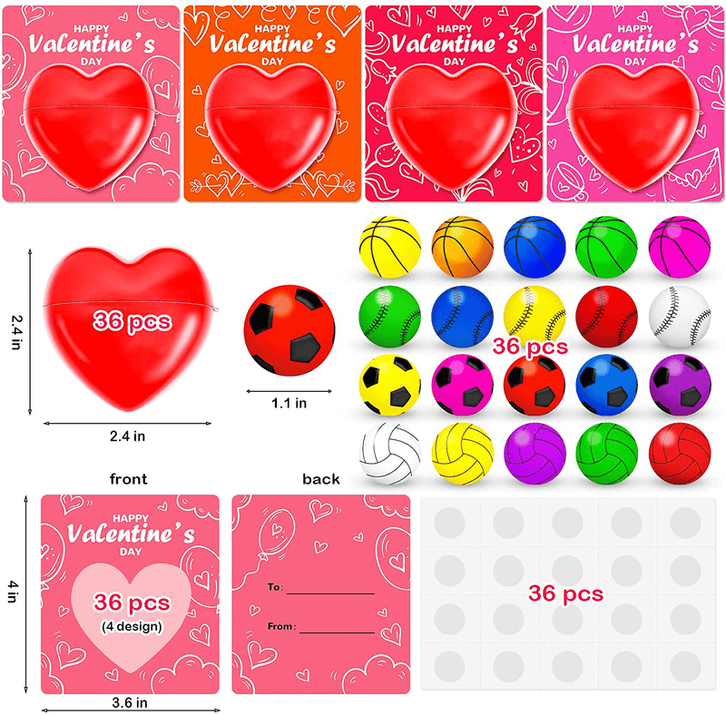 36 Pack Valentines Day Cards for Kids, Valentines Bouncy Balls with Filled Heart Bulk, Valentines Gifts for Boys Girls, Fun Valentines Party Favors, Classroom Exchange Prizes for School Class Teacher
