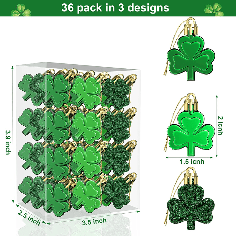 36 Pcs St Patricks Day Shamrock Ornaments for Tree, Irish Green Mini Ornament Hanging Clover Baubles Trefoil Good Lucky Decorations for the Home, St. Patrick'S Day Party Favors Table Decor