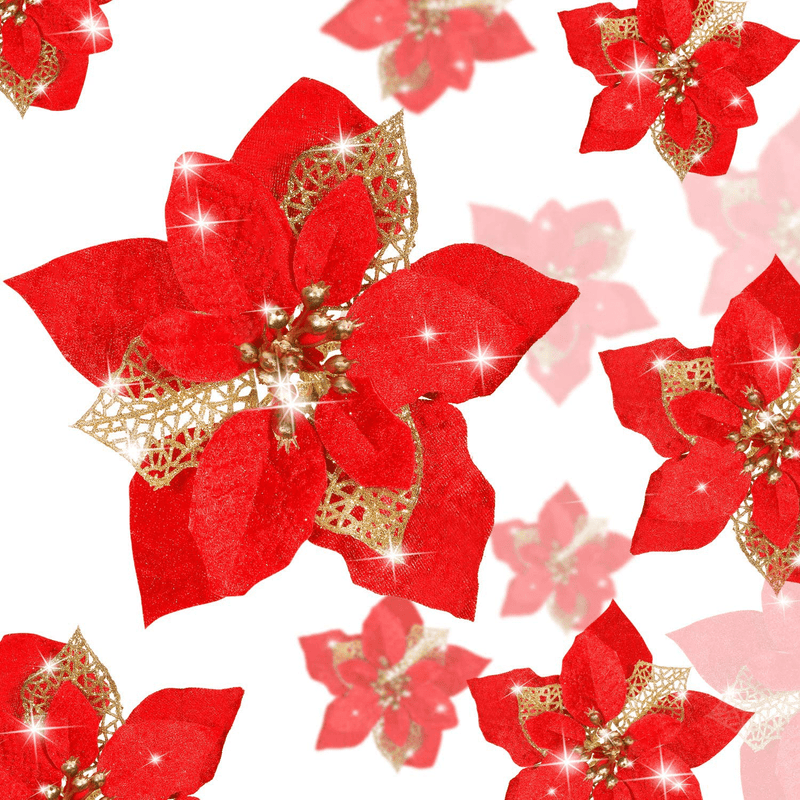 36 Pieces Christmas Glitter Poinsettia Artificial Flowers Christmas Flowers Decorations Wedding Xmas Tree New Year Ornaments (Gold, Double Layer Hollow Style) Home & Garden > Decor > Seasonal & Holiday Decorations& Garden > Decor > Seasonal & Holiday Decorations WILLBOND Red  
