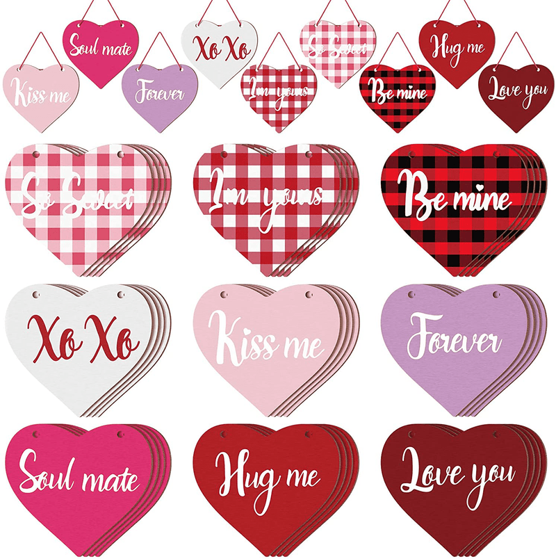 36 Pieces Valentine'S Day Wooden Heart Ornaments Heart Wooden Embellishment Buffalo Plaid Wood Tags Love Heart Hanging Ornament for Valentine'S Day Wedding Party Decorations, 9 Colors