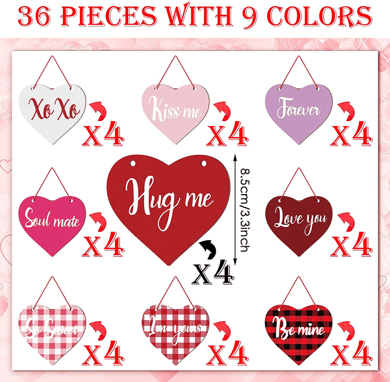 36 Pieces Valentine'S Day Wooden Heart Ornaments Heart Wooden Embellishment Buffalo Plaid Wood Tags Love Heart Hanging Ornament for Valentine'S Day Wedding Party Decorations, 9 Colors