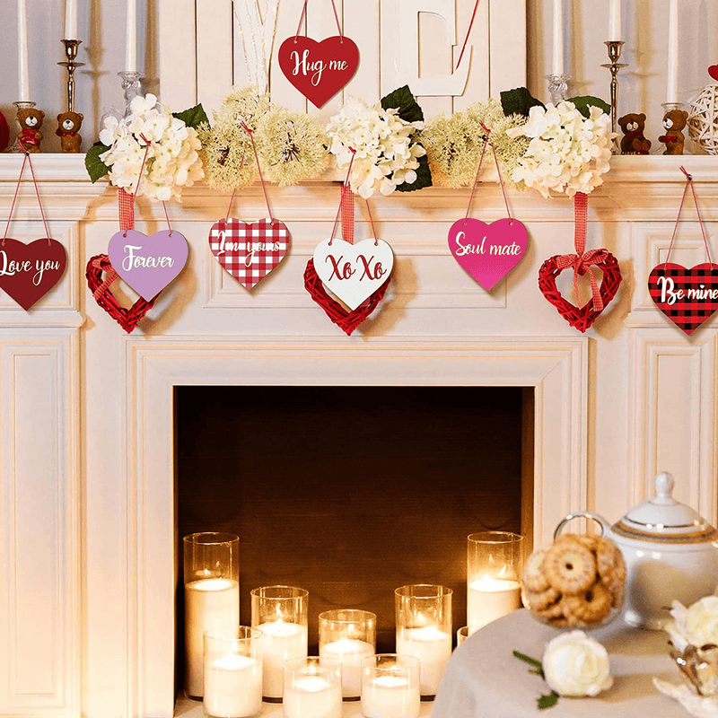 36 Pieces Valentine'S Day Wooden Heart Ornaments Heart Wooden Embellishment Buffalo Plaid Wood Tags Love Heart Hanging Ornament for Valentine'S Day Wedding Party Decorations, 9 Colors Home & Garden > Decor > Seasonal & Holiday Decorations Yookeer   