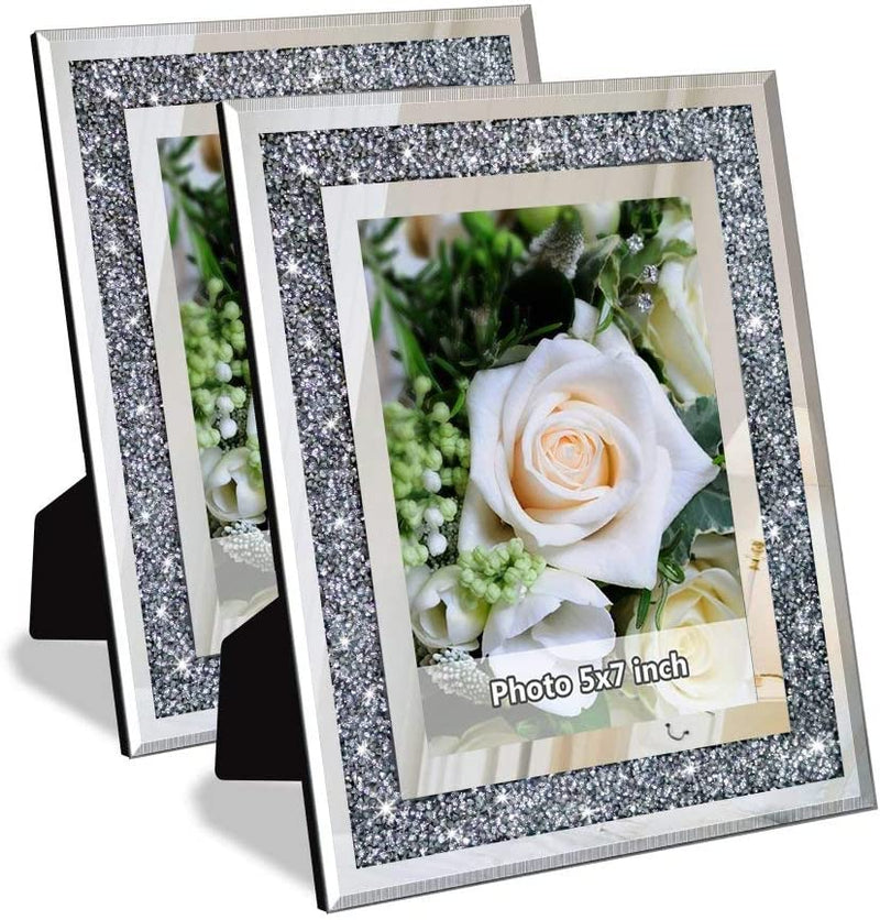 Crushed Diamond Wedding Mirror Photo Frame, Crystal Silver Glass Picture Frame for Photograph Size 11X14 Inch with Mat for 8X10Inch, Pack of 2 Pieces Wall Frame. Bling Sparkle Crushed Diamond Home Decor. Home & Garden > Decor > Picture Frames MY 5x7  