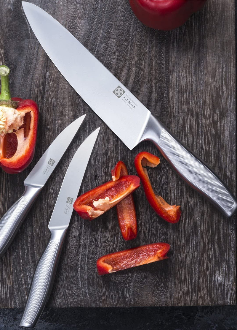 T.J Koch Knife Set Stainless Steel Knives Premium Non-Slip Single Piece with Golden Oak Block Kitchen Scissors Sharpener Rod 14-Piece