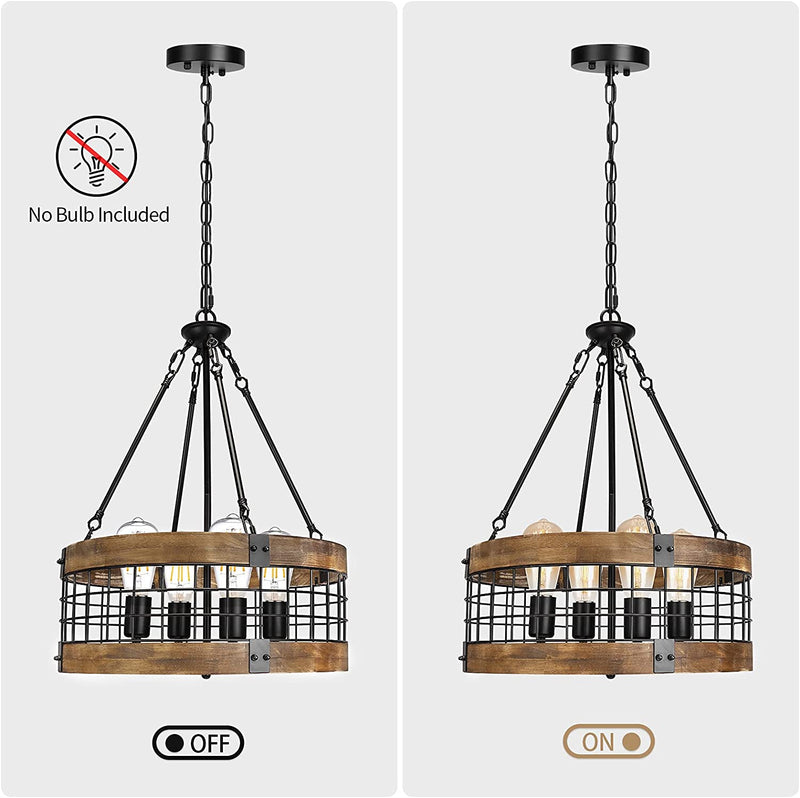 WOAEKR 4-Light Rustic Chandelier for Entryway, round Farmhouse Light Fixtures for Dining Room, Industrial Drum Hanging Pendant Lighting for Kitchen Island, Nature Wood Texture and Black Metal Finish Home & Garden > Lighting > Lighting Fixtures > Chandeliers WOAEKR   