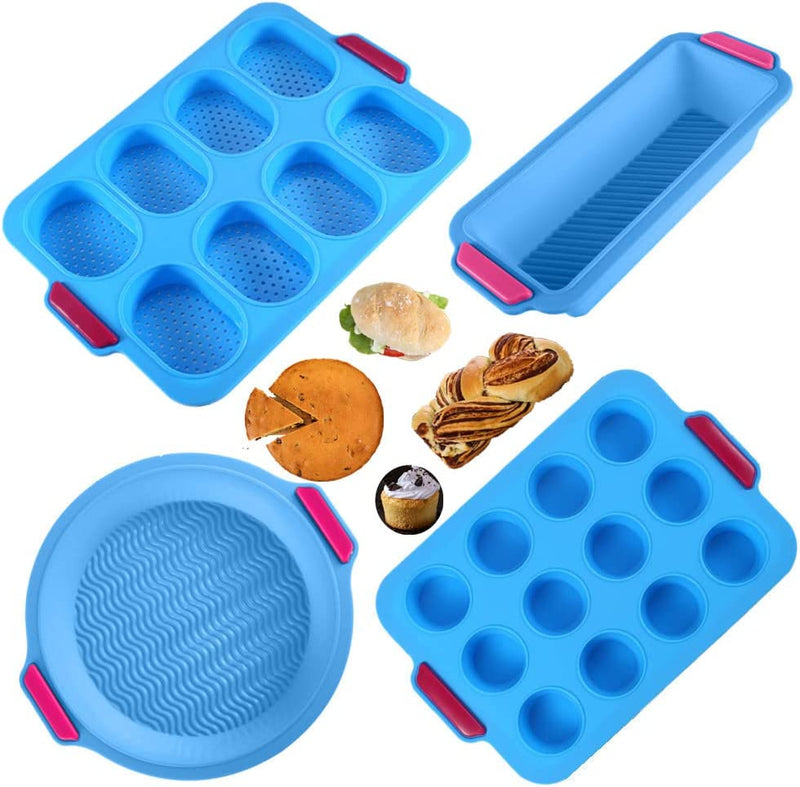Keepingcoox Basic 4 Pcs Nonstick Bakeware Set - Silicone Mini Baguette Baking Tray, Muffin Tray, Loaf Pan, round Mould - Silicone Value Baking Trays Set